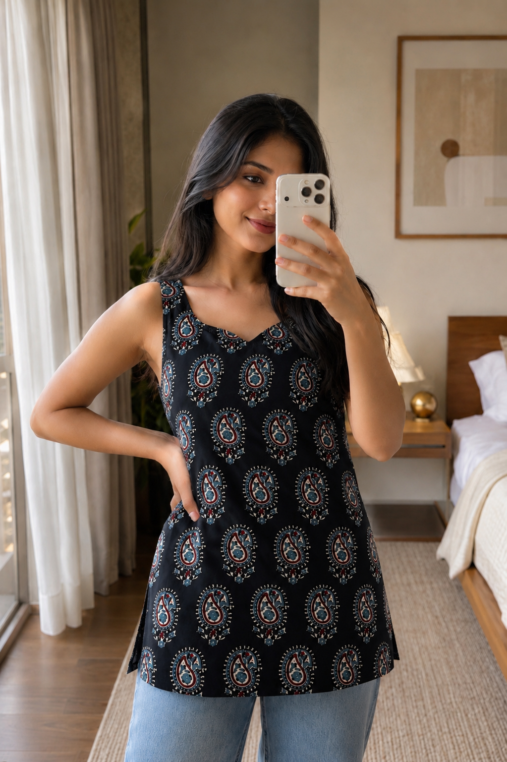 Hand Block Printed Premium Cotton Sleeveless Kurti