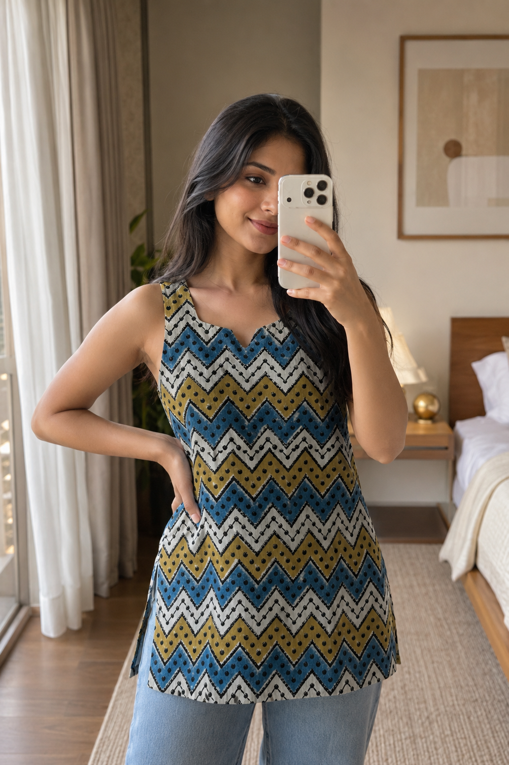 Hand Block Printed Premium Cotton Sleeveless Kurti