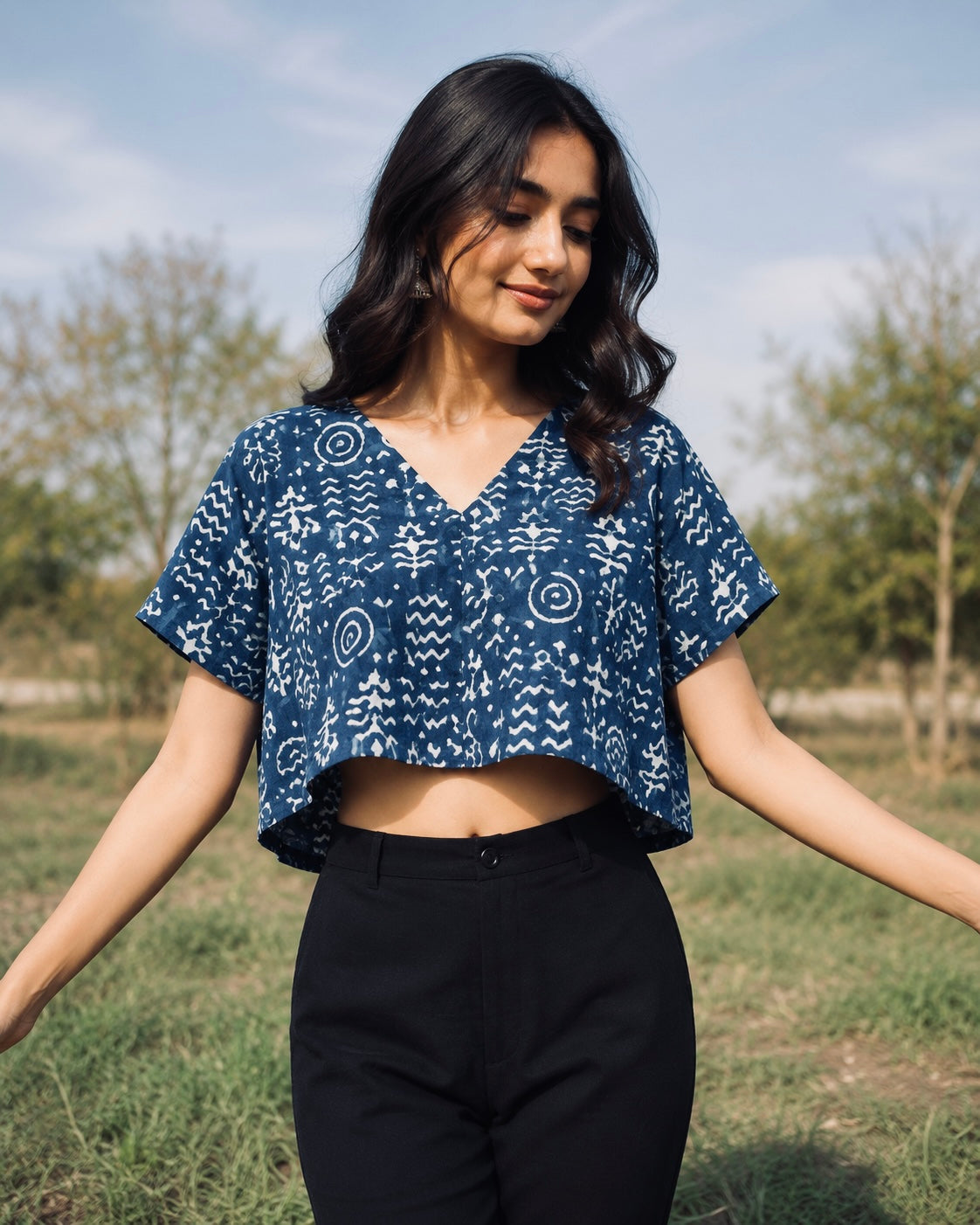 Indigo Block Printed Boxy V-Neck Crop Top