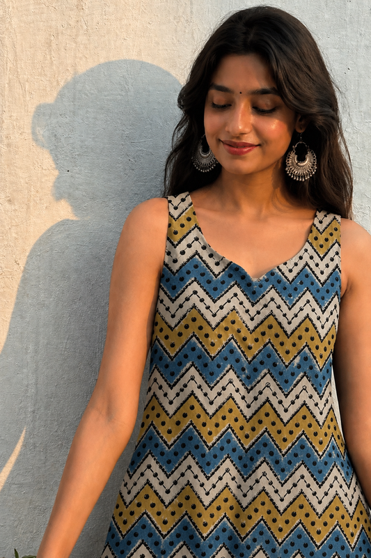 Hand Block Printed Premium Cotton Sleeveless Kurti