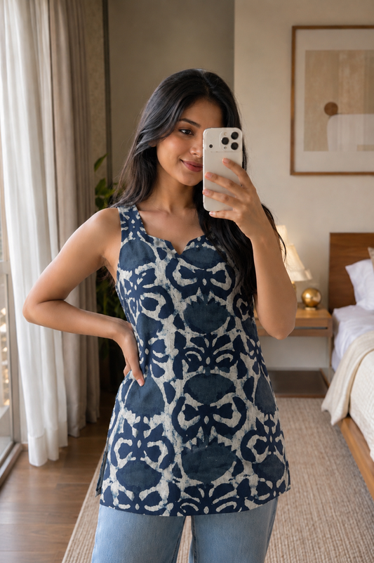 Hand Block Printed Premium Cotton Sleeveless Kurti