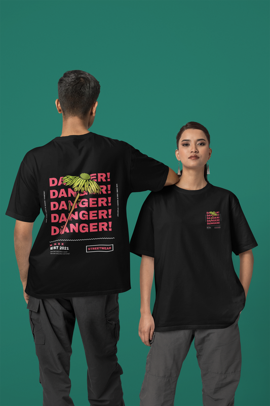 Danger Oversized Black Front and Back Printed Tshirt Unisex
