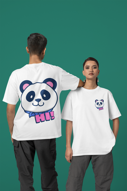 Hi ! Panda Oversized White Front and Back Printed Tshirt Unisex