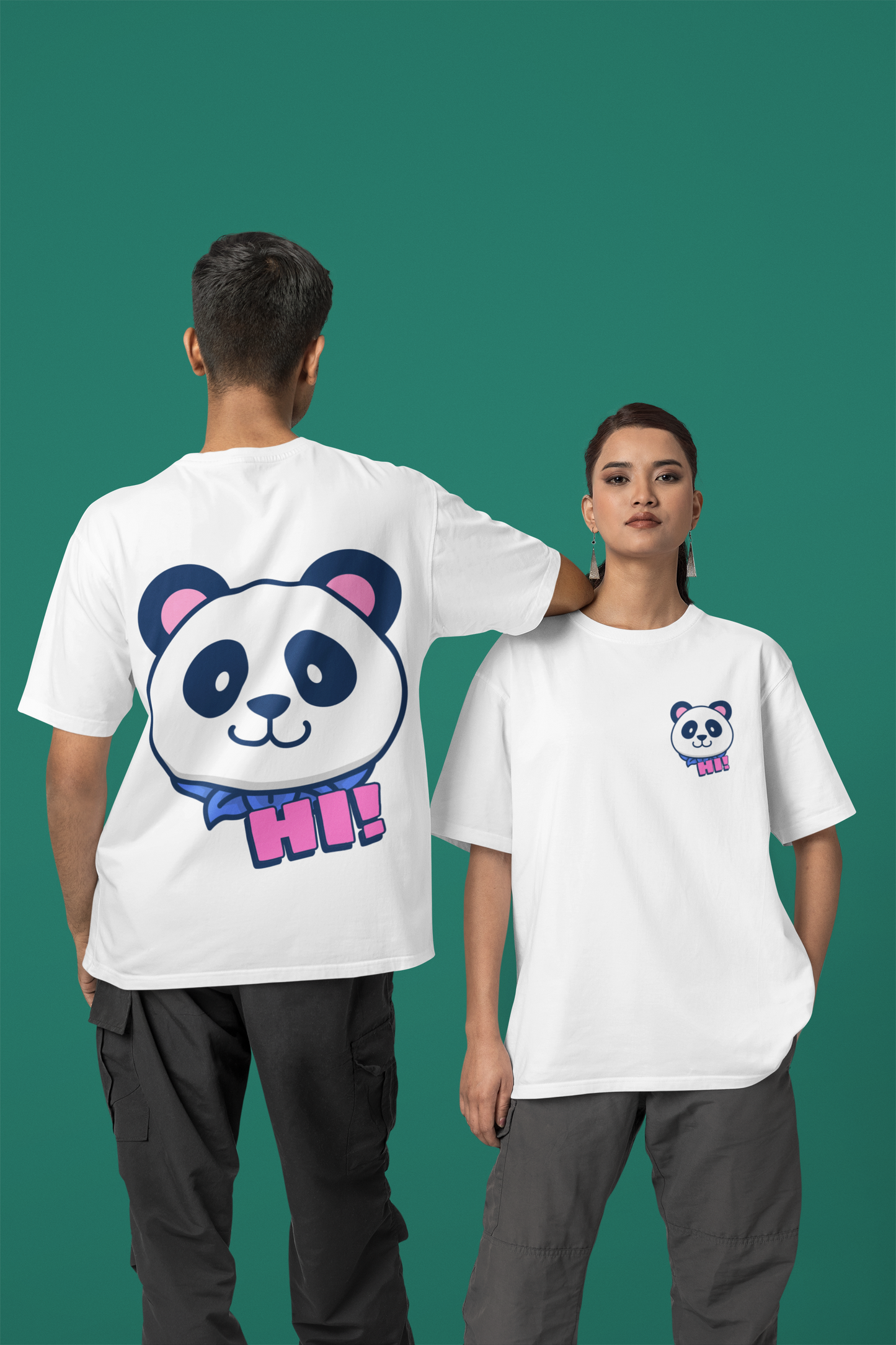 Hi ! Panda Oversized White Front and Back Printed Tshirt Unisex