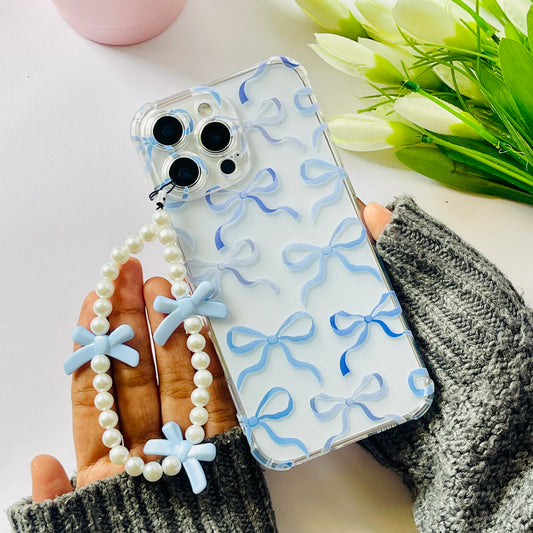 Blue Bows Clear Phone Case With Phone Charm