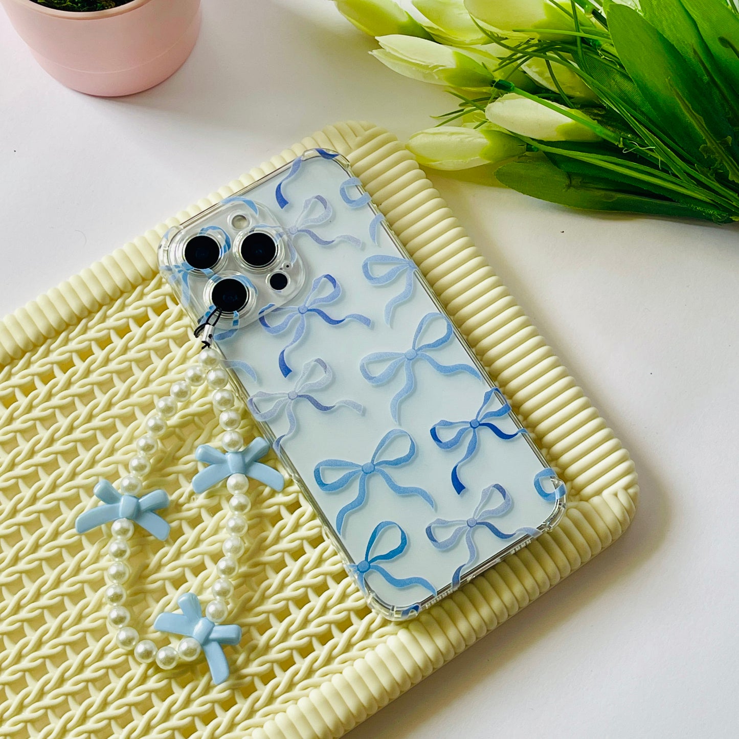Blue Bows Clear Phone Case With Phone Charm