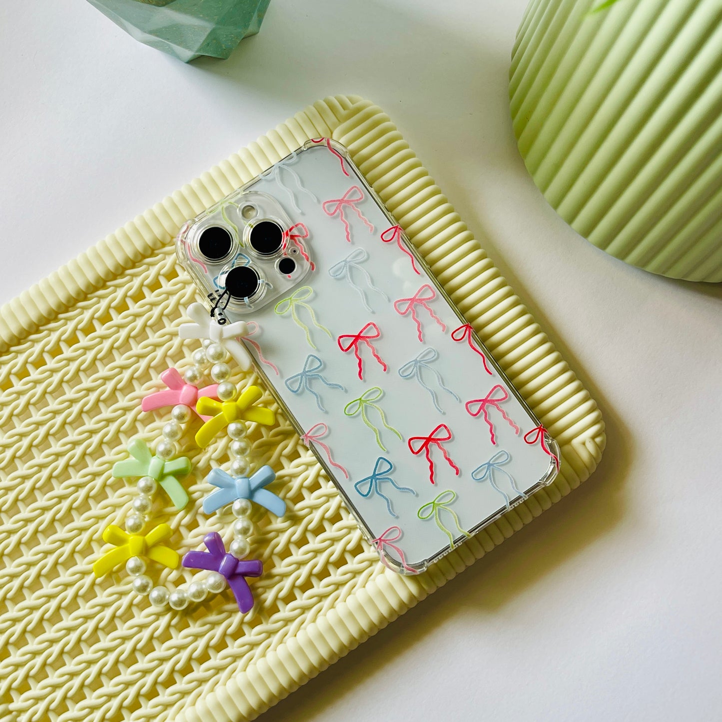 Multicolor Bows Clear Phone Case With Phone Charm