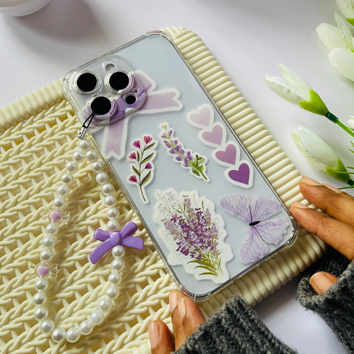 Aesthetic Lilac Clear Phone Case With Phone Charm