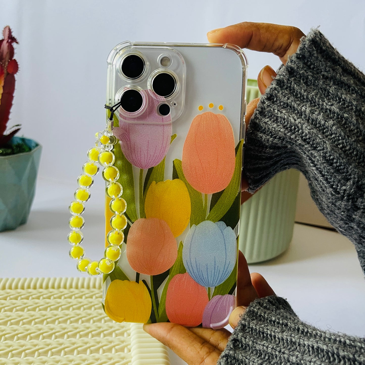Pastel Tulips Clear Phone Case With Phone Charm