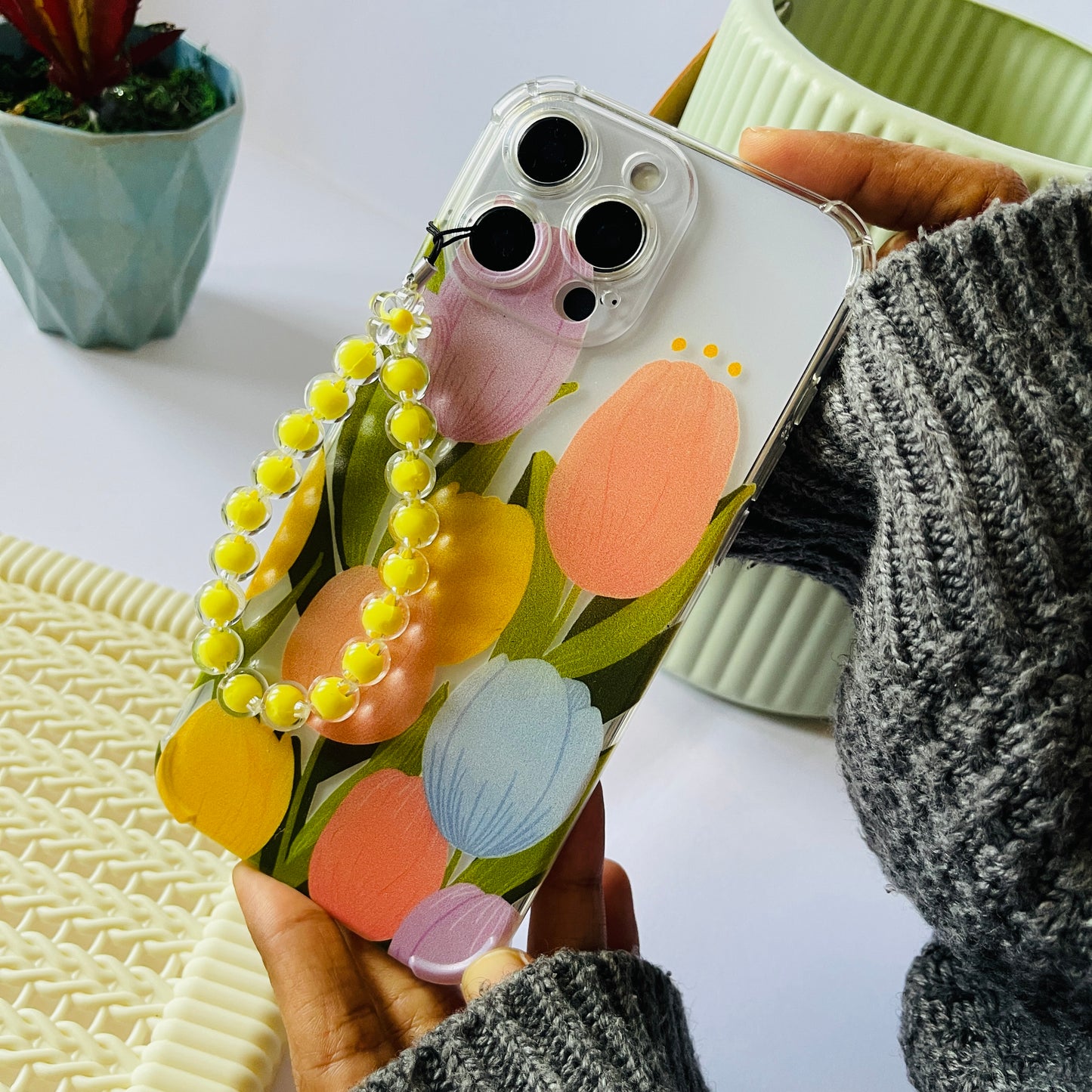 Pastel Tulips Clear Phone Case With Phone Charm