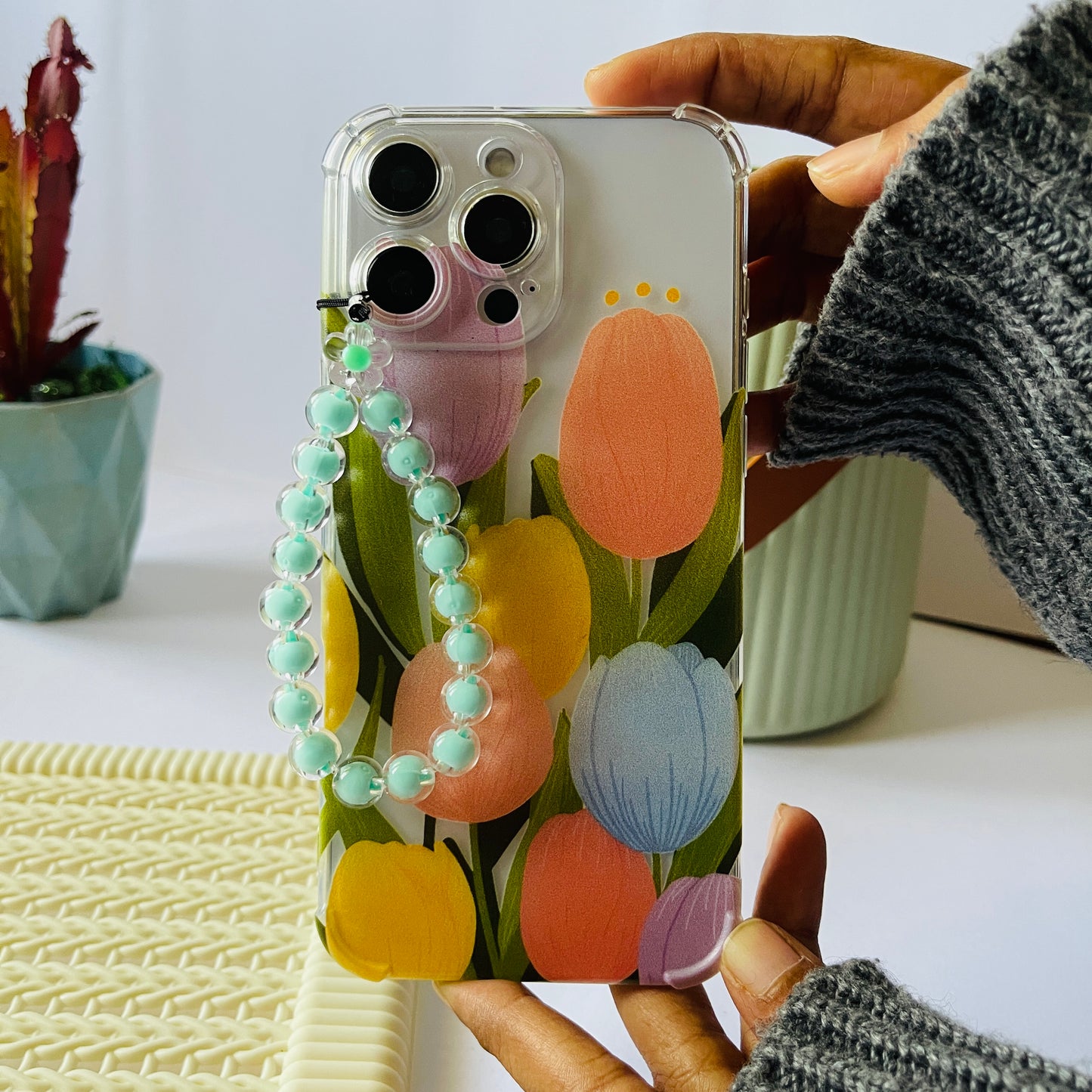 Pastel Tulips Clear Phone Case With Phone Charm