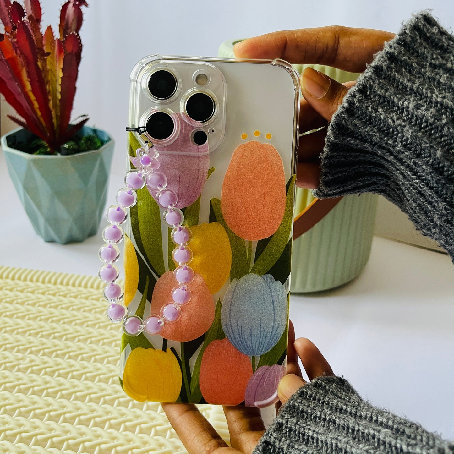 Pastel Tulips Clear Phone Case With Phone Charm