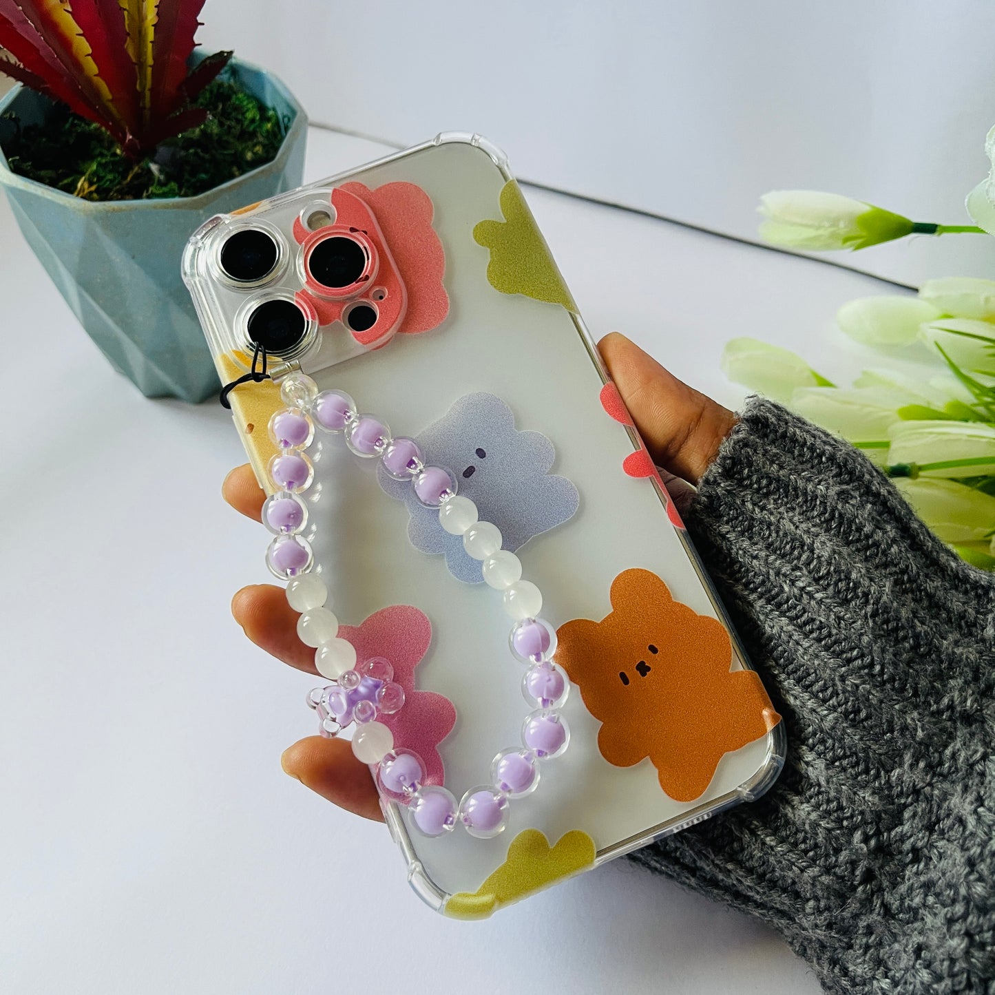 Pastel Bears Clear Phone Case With Phone Charm
