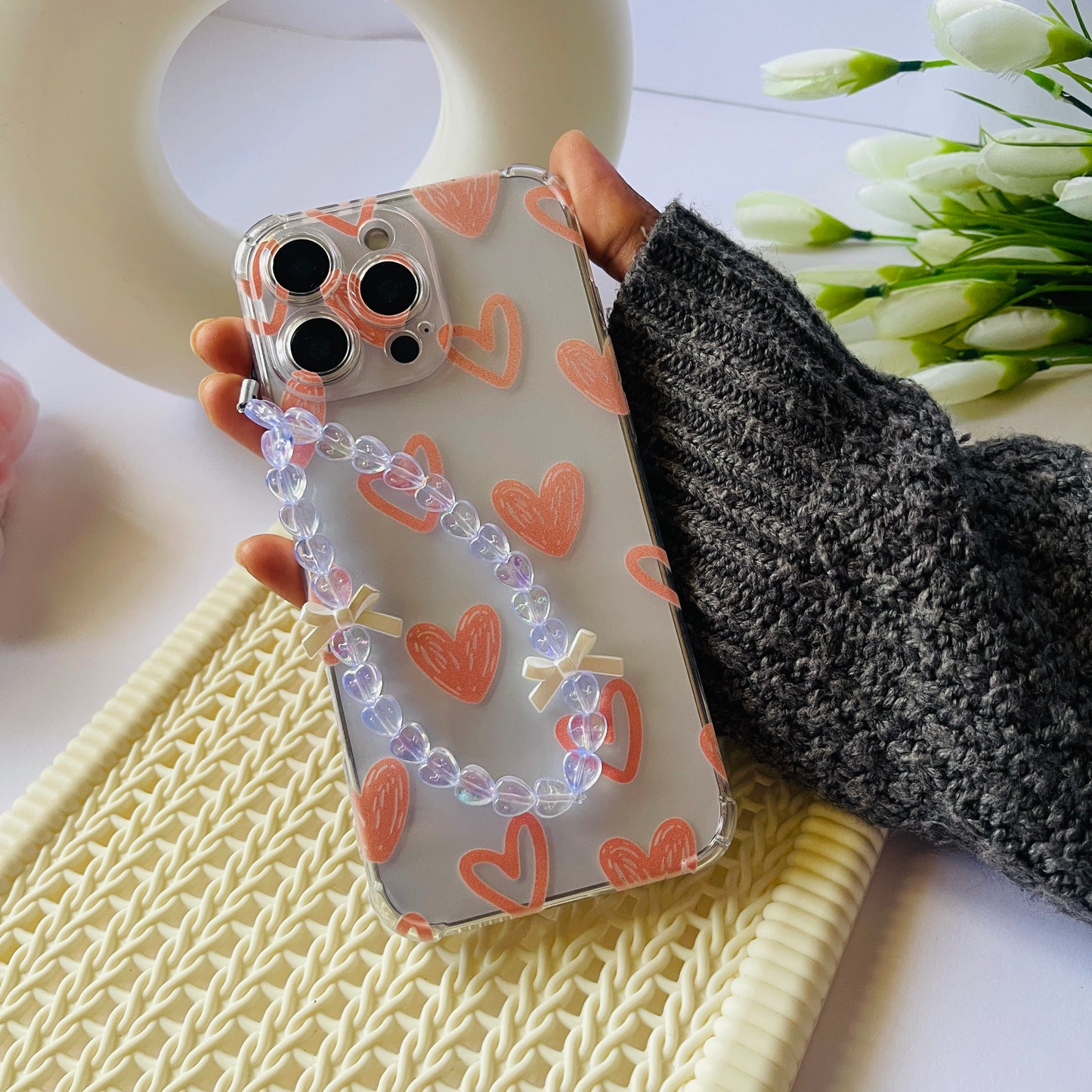 Peach Hearts Clear Phone Case With Phone Charm