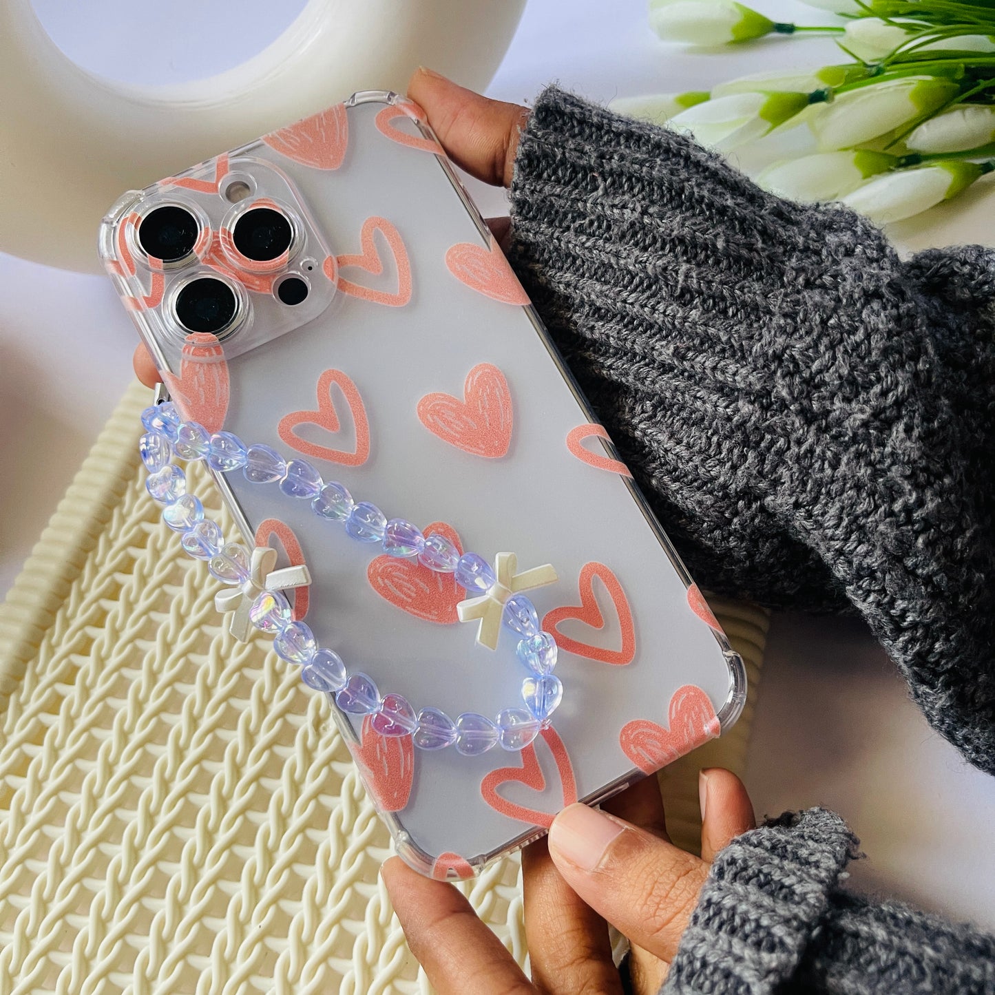 Peach Hearts Clear Phone Case With Phone Charm