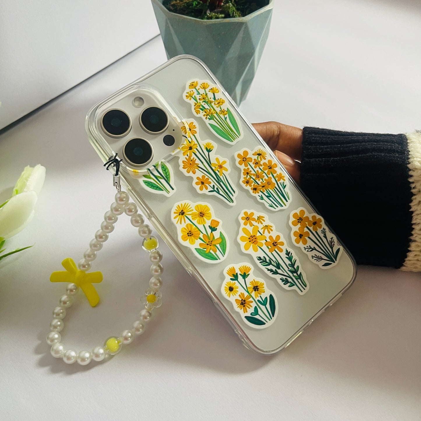 Yellow Florals Clear Phone Case With Phone Charm
