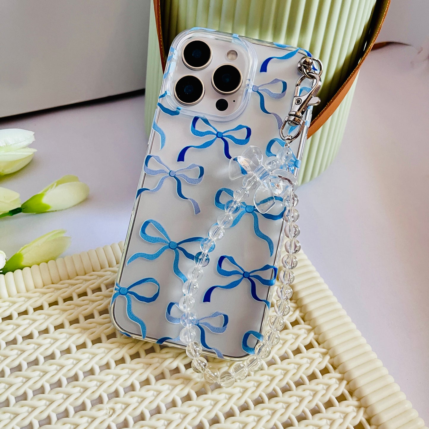 Blue Bow Printed Chain Phone Case