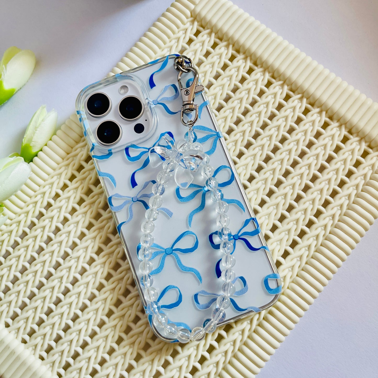 Blue Bow Printed Chain Phone Case