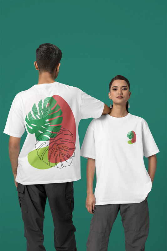 Leaf Design Oversized White Front and Back Printed Tshirt Unisex