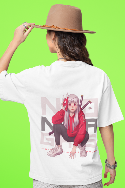 Nio Ninja Girls Oversized White Front and Back Printed Tshirt Unisex