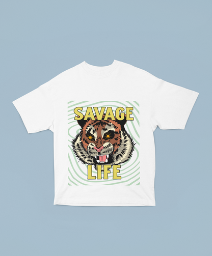 Savage Life Oversized White Front and Back Printed T-shirt Unisex