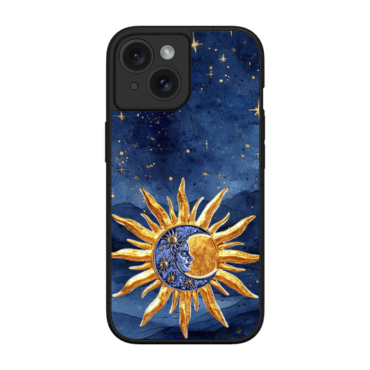 Vibrant Artistic Sun and Stars Printed Protective Phone Cover for iPhone 15