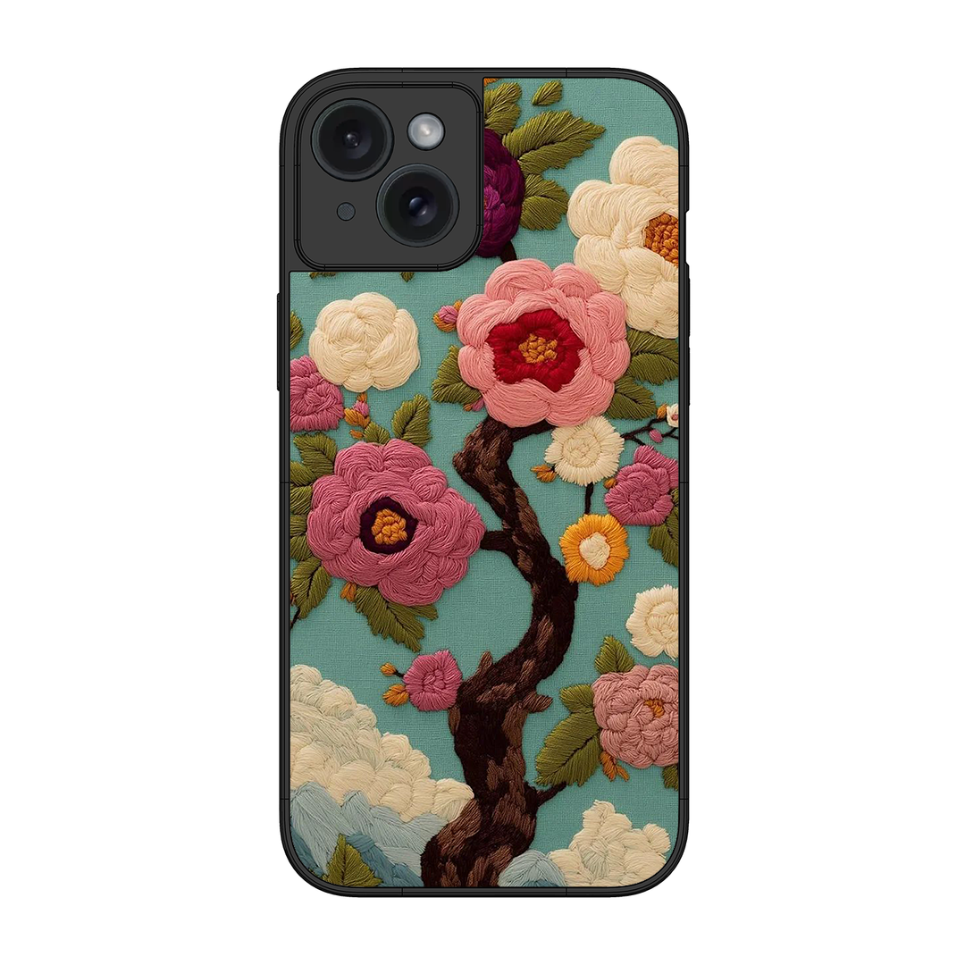 Embroidered Tree Printed Protective Phone Cover for iPhone 15 Plus
