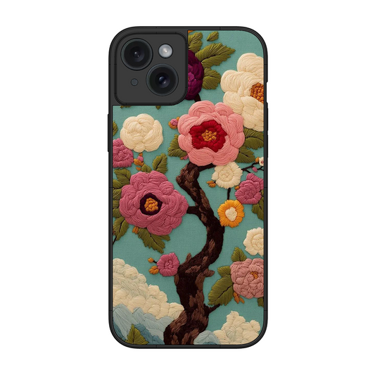 Embroidered Tree Printed Protective Phone Cover for iPhone 15 Plus