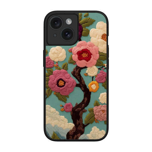 Embroidered Tree Printed Protective Phone Cover for iPhone 15