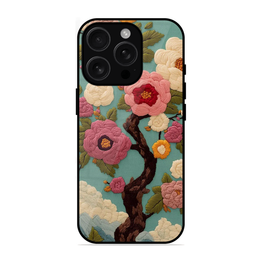 Embroidered Tree Printed Protective Phone Cover for iPhone 16 Pro