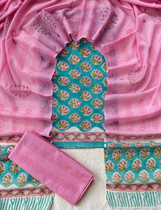 Hand Block Printed Cotton Suit With Cotton Dupatta