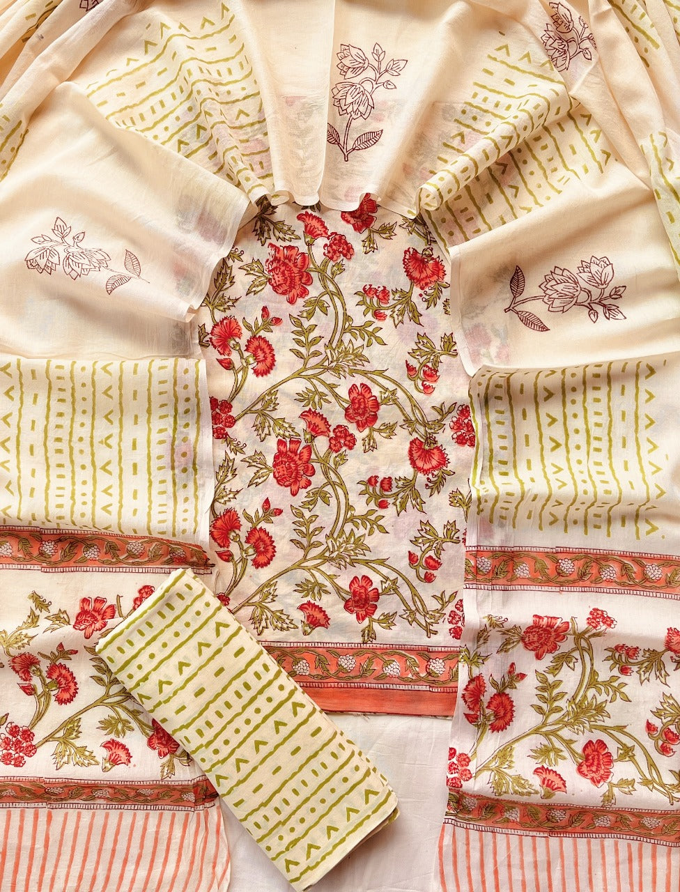 Hand Block Printed Cotton Suit With Cotton Dupatta