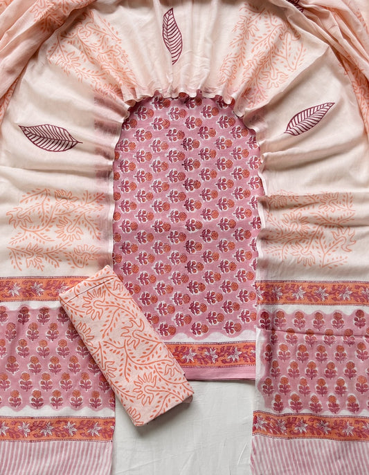 Hand Block Printed Cotton Suit With Cotton Dupatta