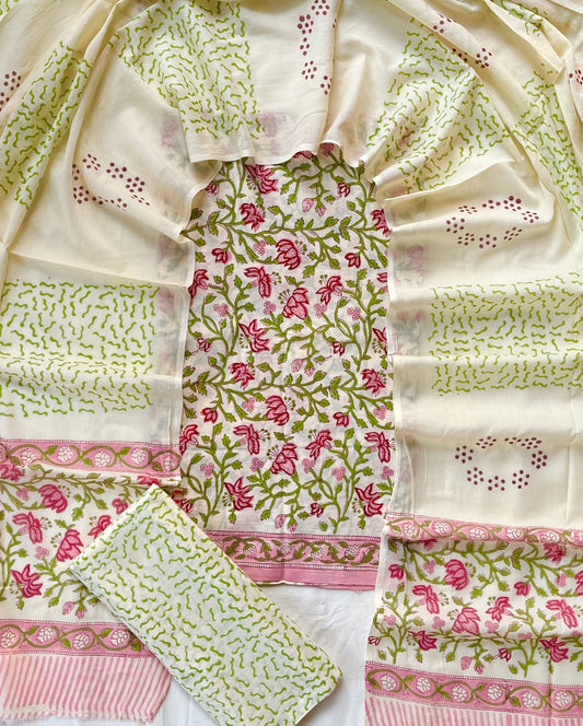 Hand Block Printed Cotton Suit With Cotton Dupatta