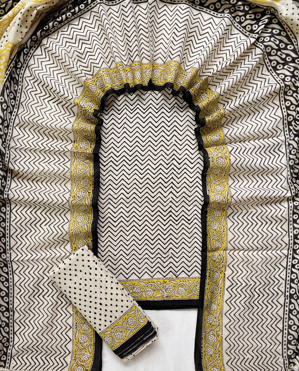 Hand Block Printed Cotton Suit With Cotton Dupatta