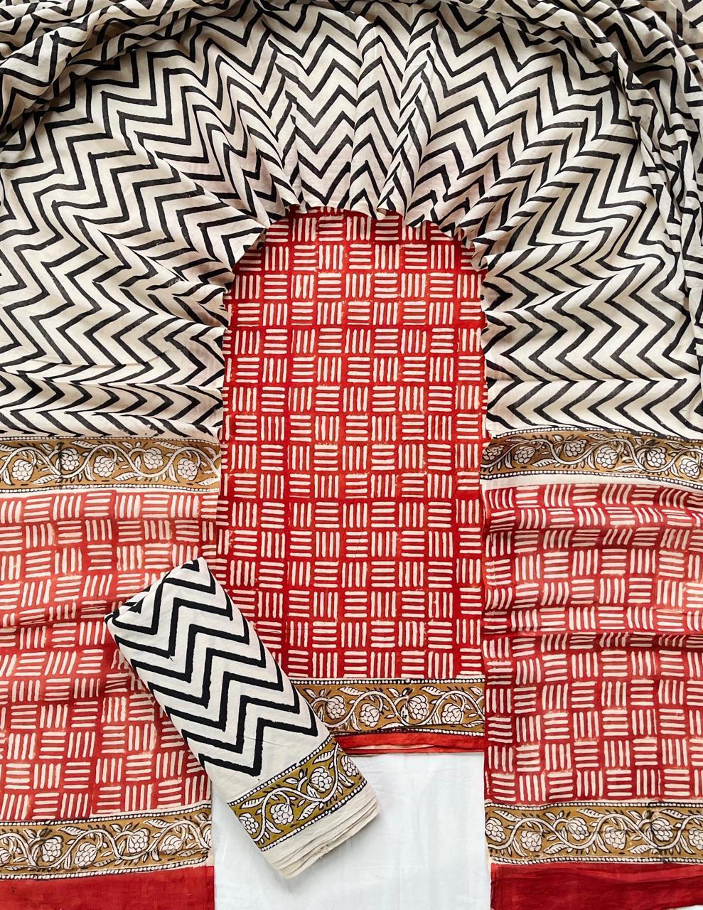 Hand Block Printed Cotton Suit With Cotton Dupatta