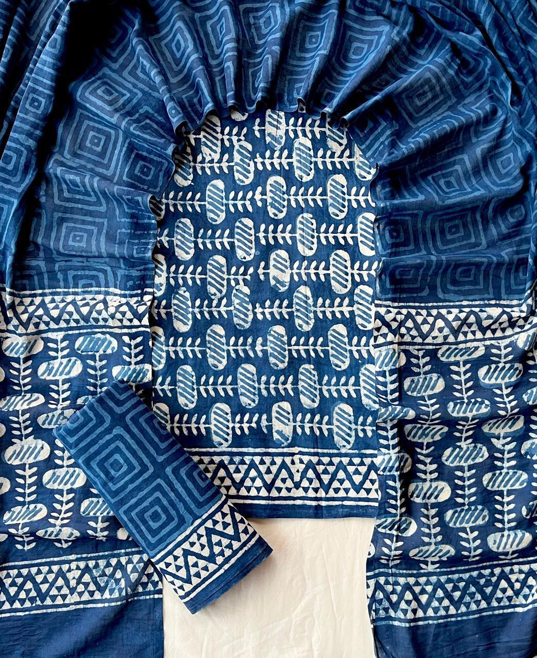 Hand Block Printed Cotton Suit With Cotton Dupatta