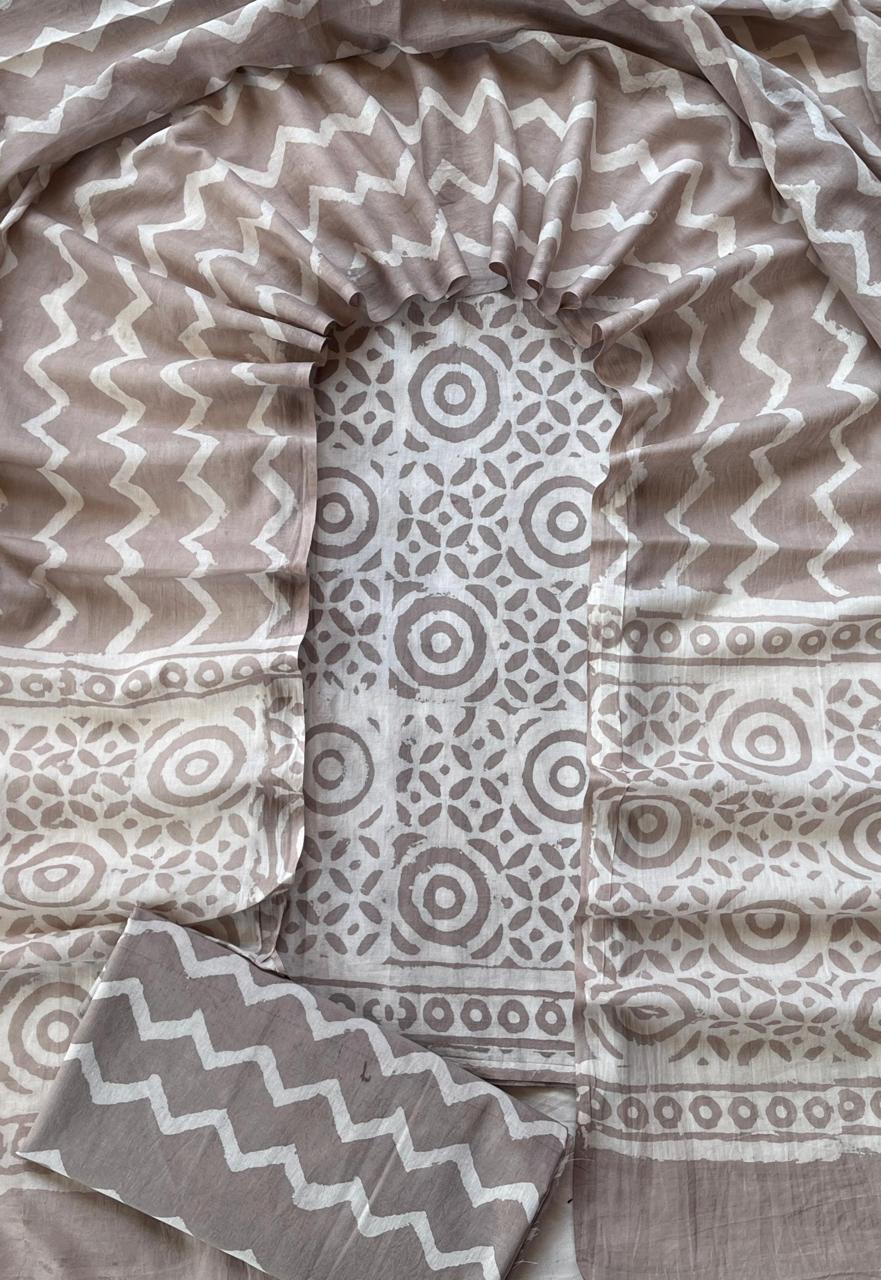 Hand Block Printed Cotton Suit With Cotton Dupatta