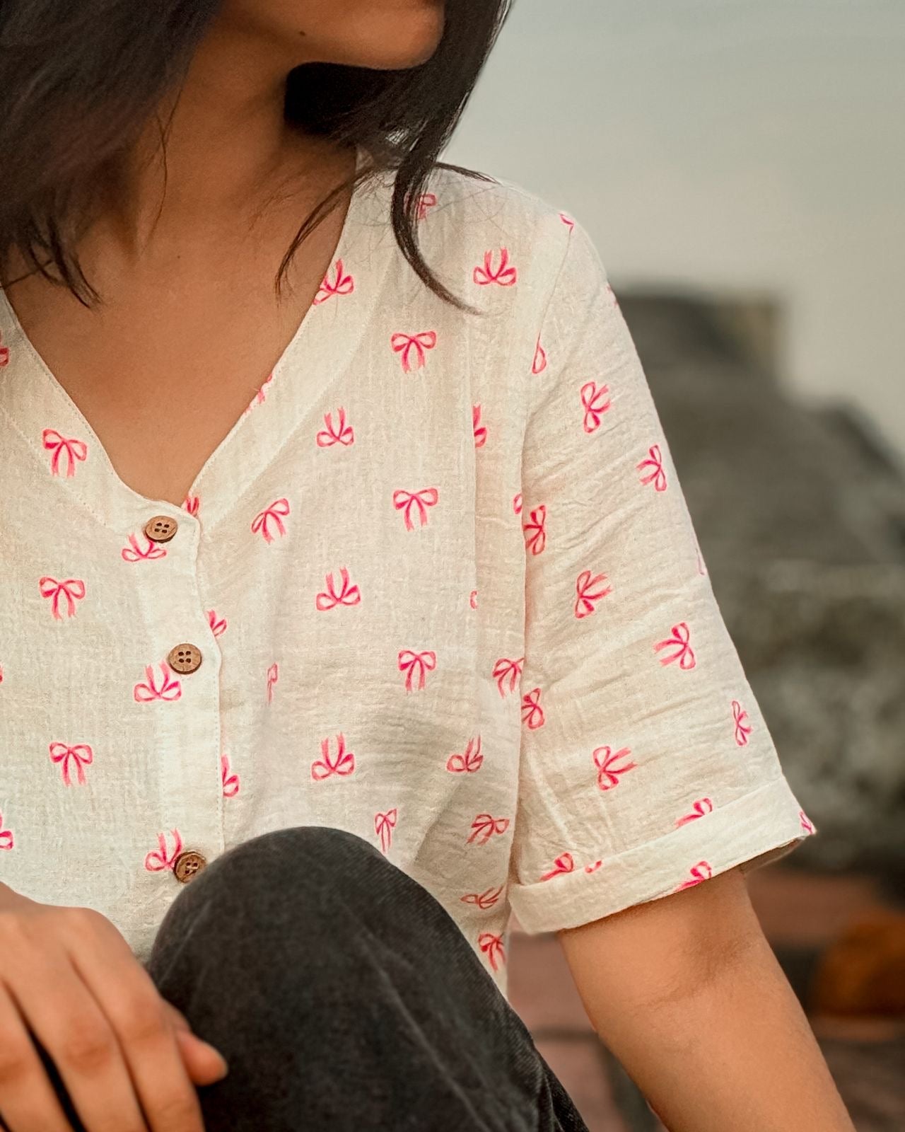 Pink Bow Muslin Asymmetric Crop Top