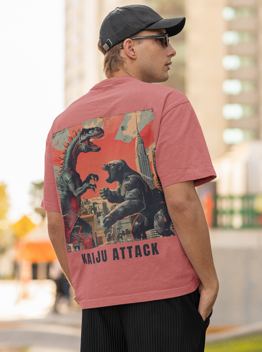 Kaiju Attack Oversized coral Front and Back Printed Tshirt Unisex