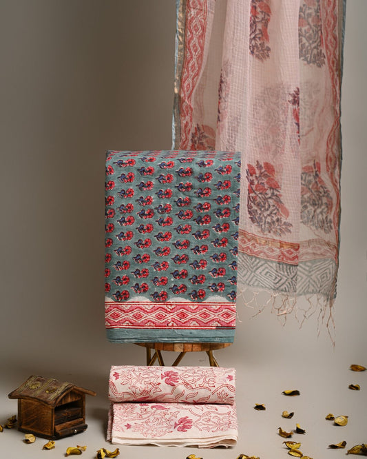 Pure Cotton Block Printed suit set with Kota Doriya Dupatta
