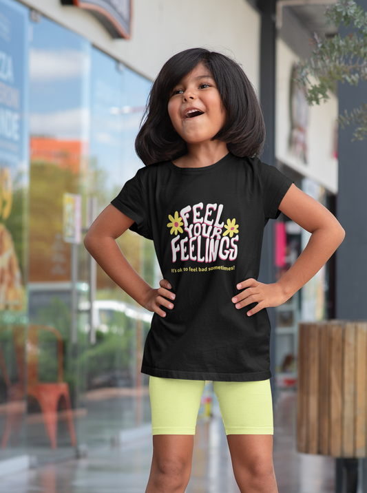 Feel Your Feelings Printed Black Kids T-shirts