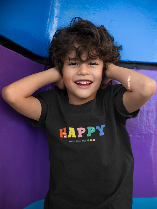 Happy Printed Black Kids T-shirts