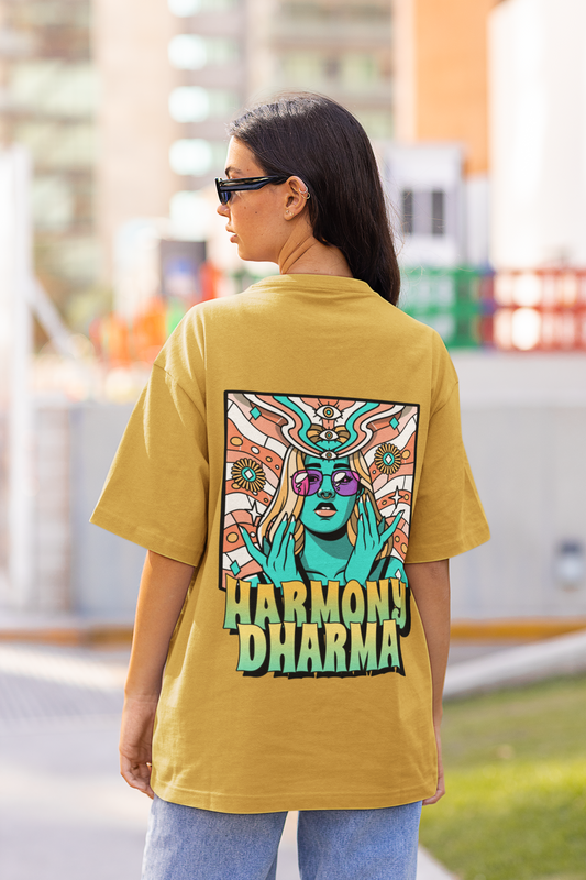Harmony Tharma Oversized Mustard Yellow Front and Back Printed Tshirt Unisex