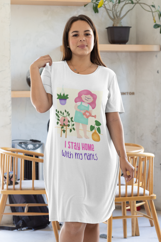 I Stay Home With My Plants Printed White T-shirt Dress