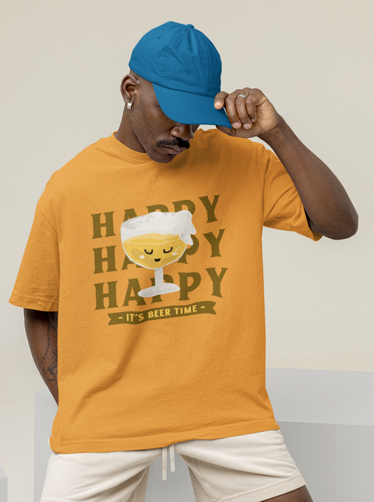 Beer Time Oversized Golden Yellow Printed T-shirt Unisex