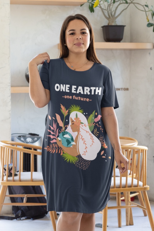 One Earth One Future Printed Navy T-shirt Dress