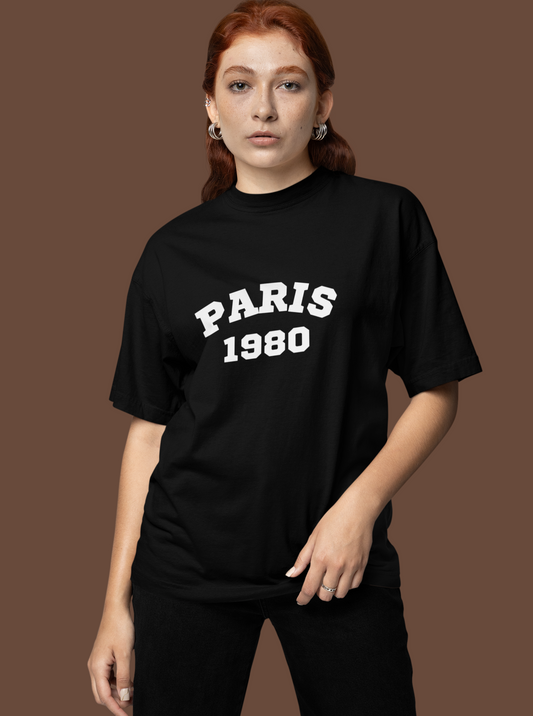 Paris 1980 Oversized Black Printed Tshirt Unisex