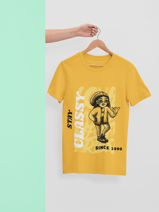Stay Classy Since 1990'S Oversized Mustard yellow Printed Tshirt Unisex
