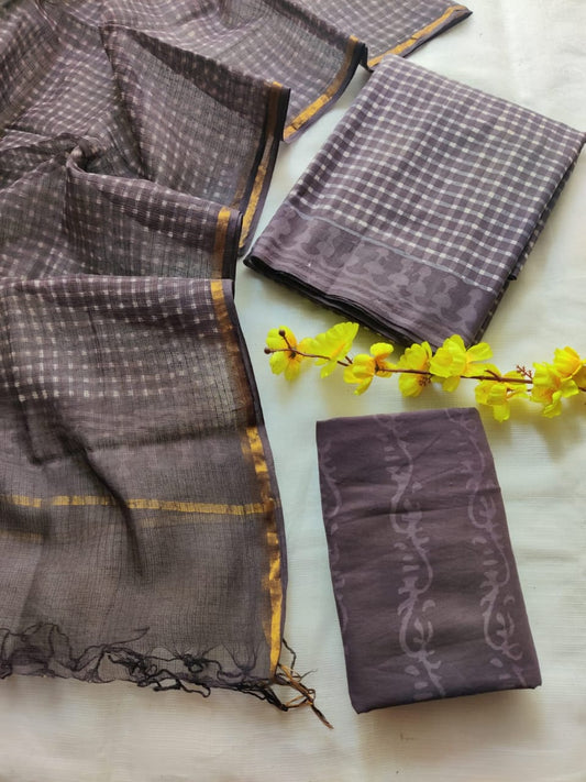 Hand Block Printed Cotton Suit With Kota Doria Dupatta